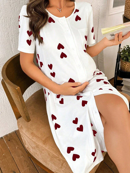 Maternity Heart Print Nightgown Women Loungewear Comfortable Pregnancy Sleepwear Dress