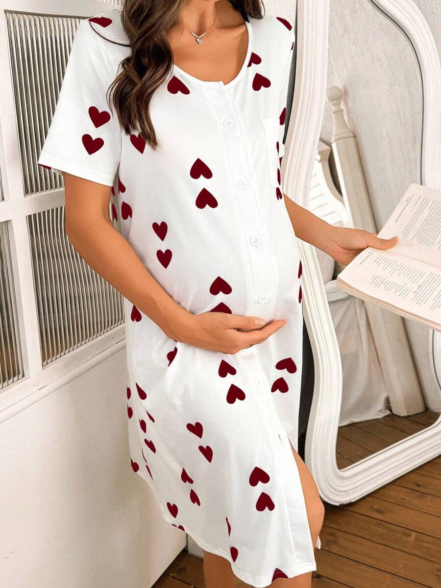 Maternity Heart Print Nightgown Women Loungewear Comfortable Pregnancy Sleepwear Dress