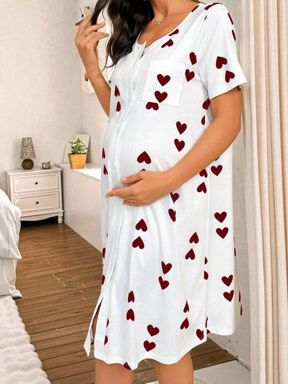 Maternity Heart Print Nightgown Women Loungewear Comfortable Pregnancy Sleepwear Dress