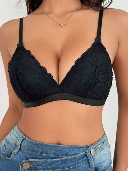 Maternity Black Lace Nursing Bra - Wireless Soft Knit Comfort Bralette with Adjustable Straps and Medium Stretch