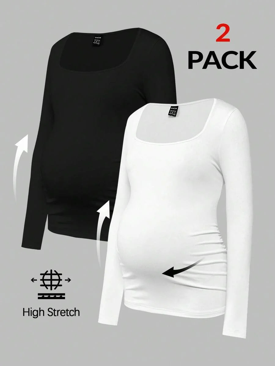 Maternity Ruched Square Neck Long Sleeve T-Shirt - Slim Fit High Stretch Knitted Pregnancy Top - Versatile Plain Daily Maternity Tee