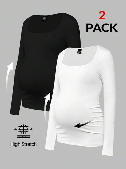 Maternity Ruched Square Neck Long Sleeve T-Shirt - Slim Fit High Stretch Knitted Pregnancy Top - Versatile Plain Daily Maternity Tee