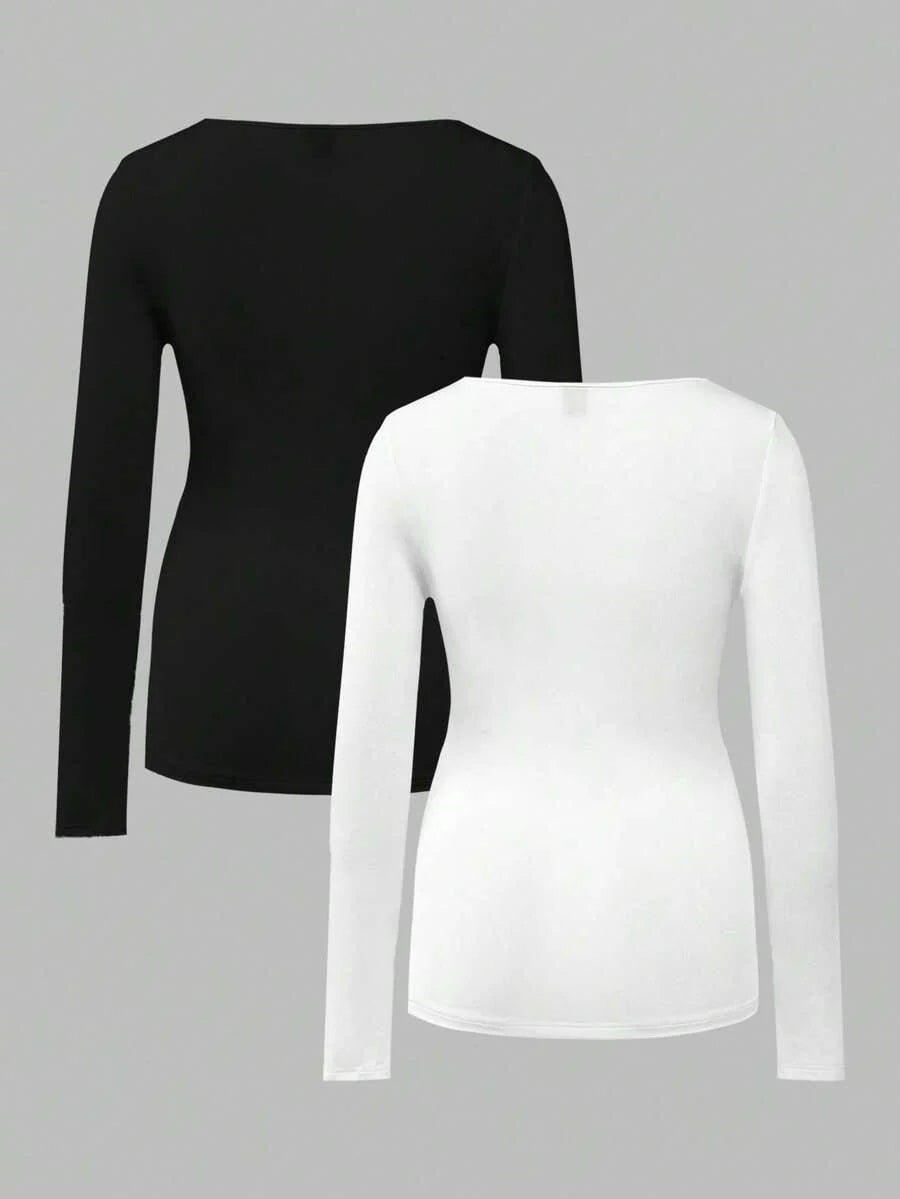 Maternity Ruched Square Neck Long Sleeve T-Shirt - Slim Fit High Stretch Knitted Pregnancy Top - Versatile Plain Daily Maternity Tee