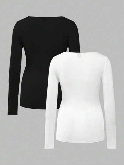 Maternity Ruched Square Neck Long Sleeve T-Shirt - Slim Fit High Stretch Knitted Pregnancy Top - Versatile Plain Daily Maternity Tee