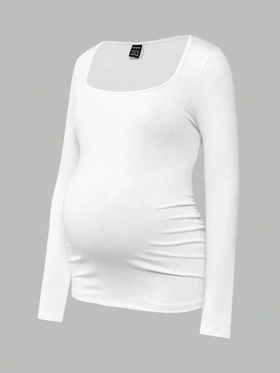 Maternity Ruched Square Neck Long Sleeve T-Shirt - Slim Fit High Stretch Knitted Pregnancy Top - Versatile Plain Daily Maternity Tee