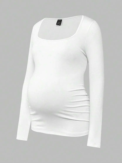 Maternity Ruched Square Neck Long Sleeve T-Shirt - Slim Fit High Stretch Knitted Pregnancy Top - Versatile Plain Daily Maternity Tee