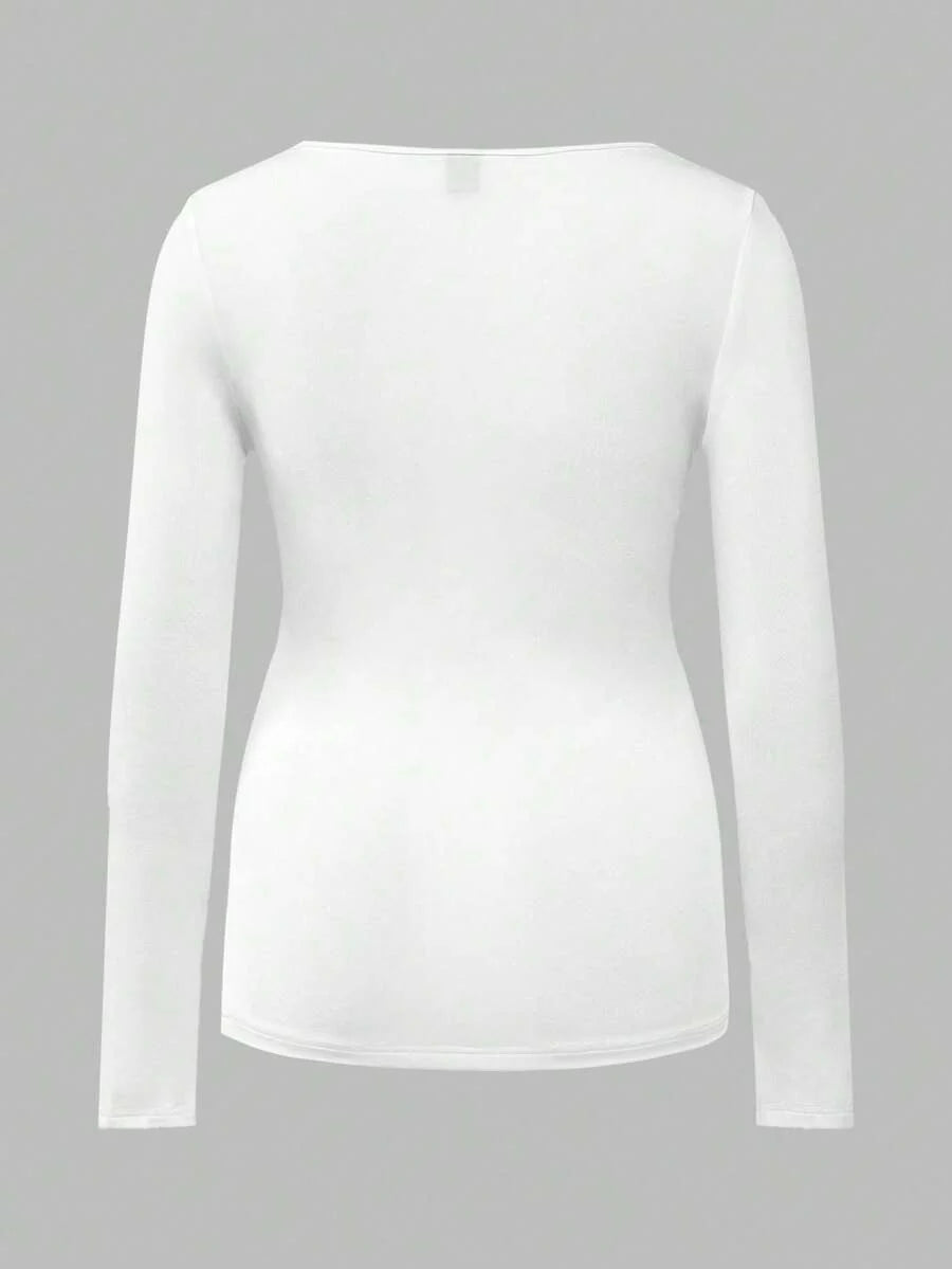 Maternity Ruched Square Neck Long Sleeve T-Shirt - Slim Fit High Stretch Knitted Pregnancy Top - Versatile Plain Daily Maternity Tee
