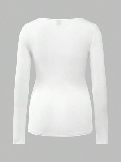 Maternity Ruched Square Neck Long Sleeve T-Shirt - Slim Fit High Stretch Knitted Pregnancy Top - Versatile Plain Daily Maternity Tee