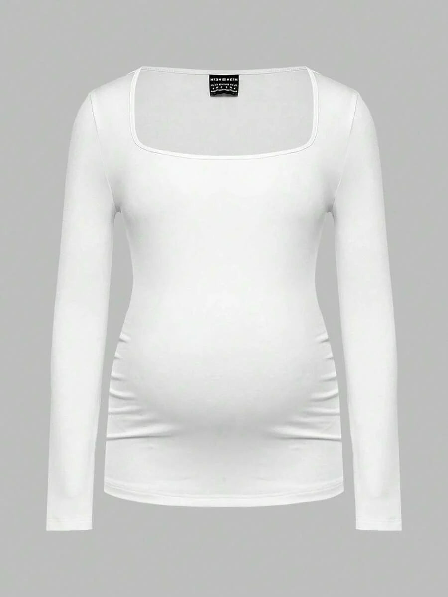Maternity Ruched Square Neck Long Sleeve T-Shirt - Slim Fit High Stretch Knitted Pregnancy Top - Versatile Plain Daily Maternity Tee