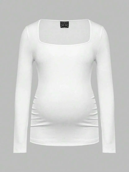 Maternity Ruched Square Neck Long Sleeve T-Shirt - Slim Fit High Stretch Knitted Pregnancy Top - Versatile Plain Daily Maternity Tee
