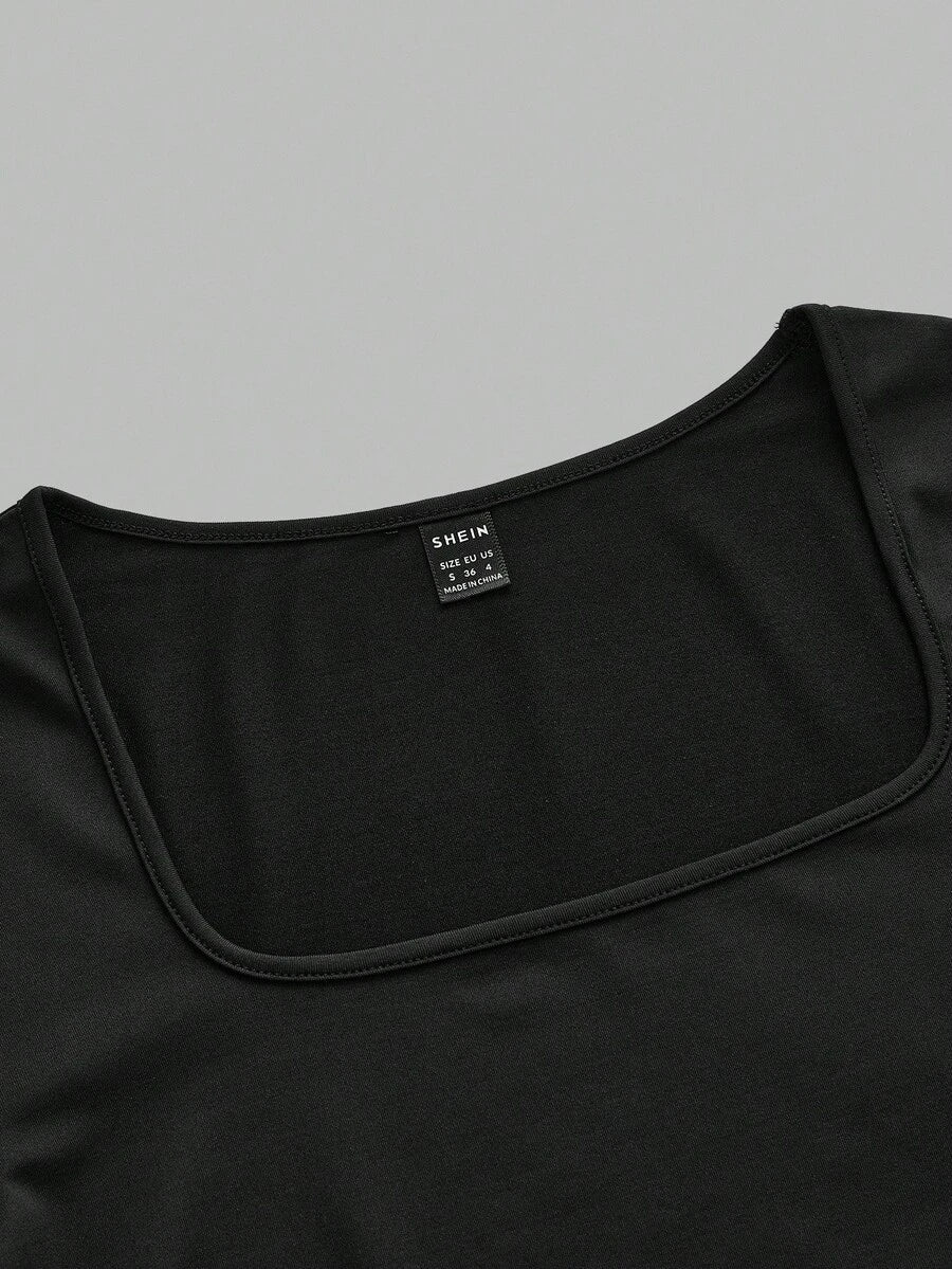 Maternity Ruched Square Neck Long Sleeve T-Shirt - Slim Fit High Stretch Knitted Pregnancy Top - Versatile Plain Daily Maternity Tee