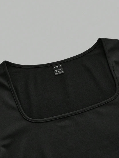 Maternity Ruched Square Neck Long Sleeve T-Shirt - Slim Fit High Stretch Knitted Pregnancy Top - Versatile Plain Daily Maternity Tee