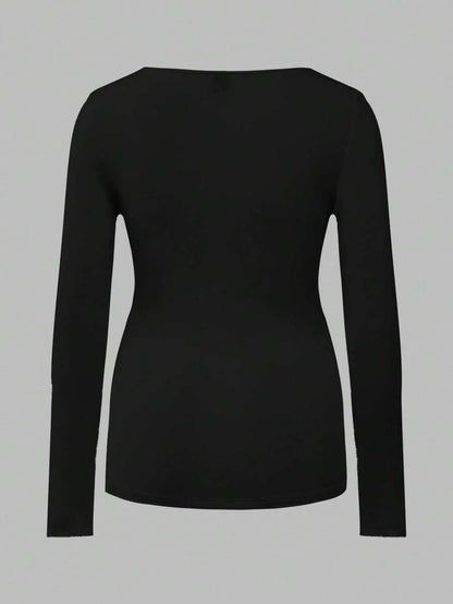 Maternity Ruched Square Neck Long Sleeve T-Shirt - Slim Fit High Stretch Knitted Pregnancy Top - Versatile Plain Daily Maternity Tee