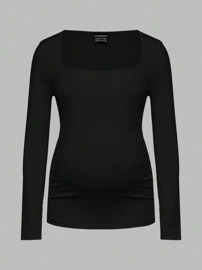 Maternity Ruched Square Neck Long Sleeve T-Shirt - Slim Fit High Stretch Knitted Pregnancy Top - Versatile Plain Daily Maternity Tee