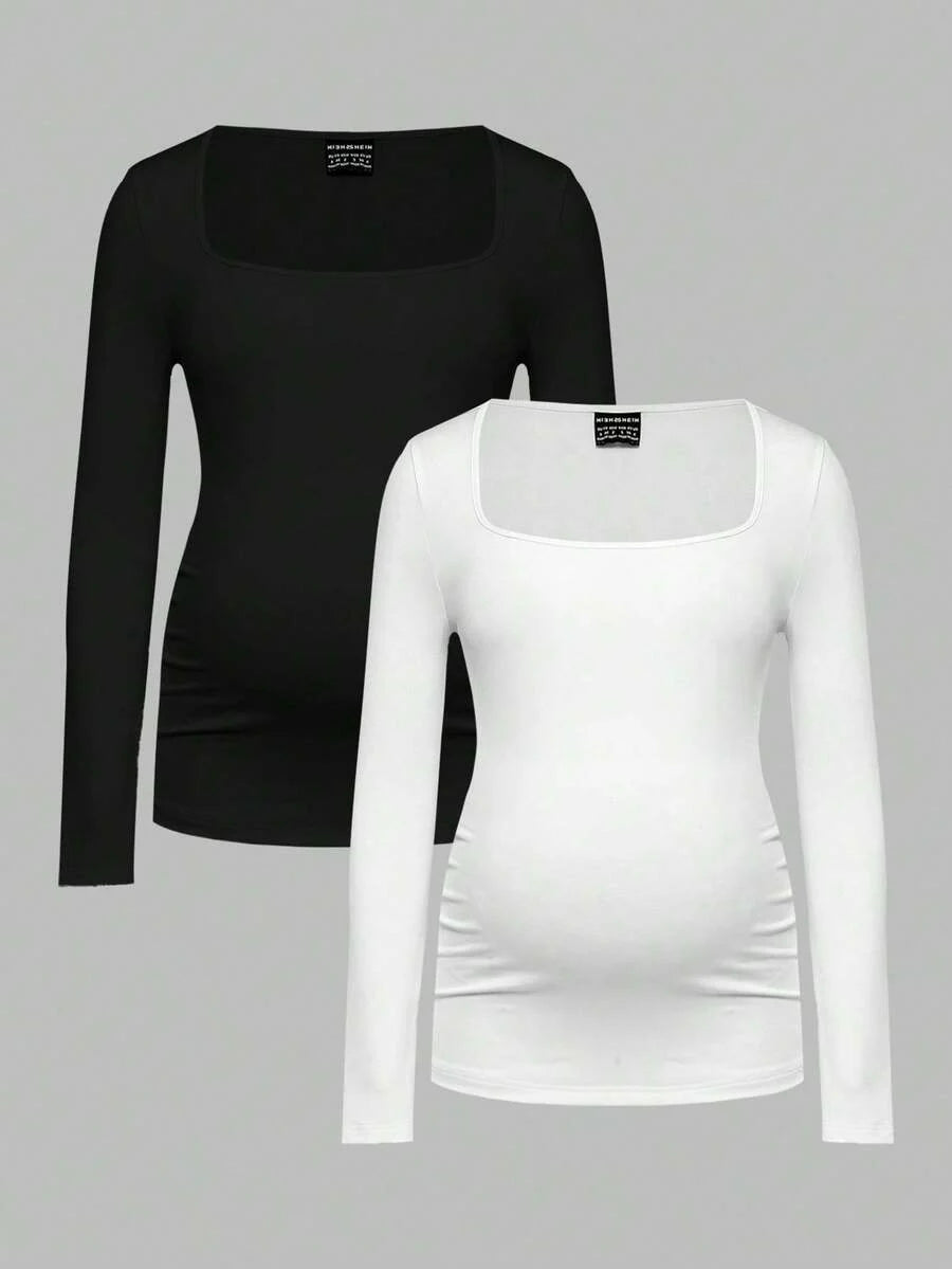 Maternity Ruched Square Neck Long Sleeve T-Shirt - Slim Fit High Stretch Knitted Pregnancy Top - Versatile Plain Daily Maternity Tee