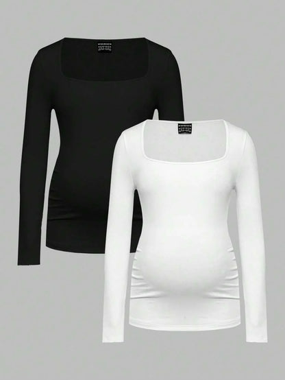 Maternity Ruched Square Neck Long Sleeve T-Shirt - Slim Fit High Stretch Knitted Pregnancy Top - Versatile Plain Daily Maternity Tee