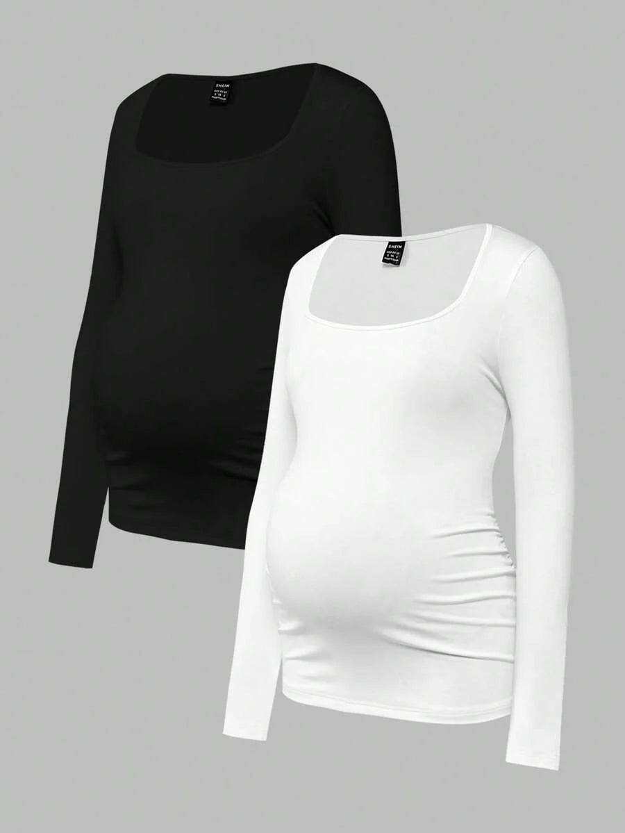 Maternity Ruched Square Neck Long Sleeve T-Shirt - Slim Fit High Stretch Knitted Pregnancy Top - Versatile Plain Daily Maternity Tee