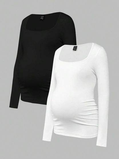 Maternity Ruched Square Neck Long Sleeve T-Shirt - Slim Fit High Stretch Knitted Pregnancy Top - Versatile Plain Daily Maternity Tee