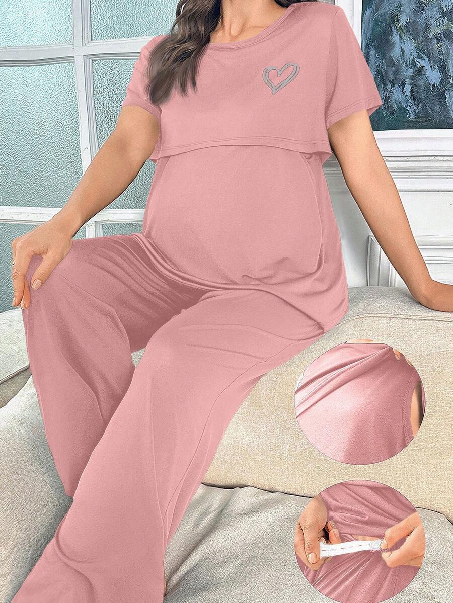 Maternity Nursing Pajama Set - Solid Color Milk Silk Heart Print Burgundy, Postpartum Lounge