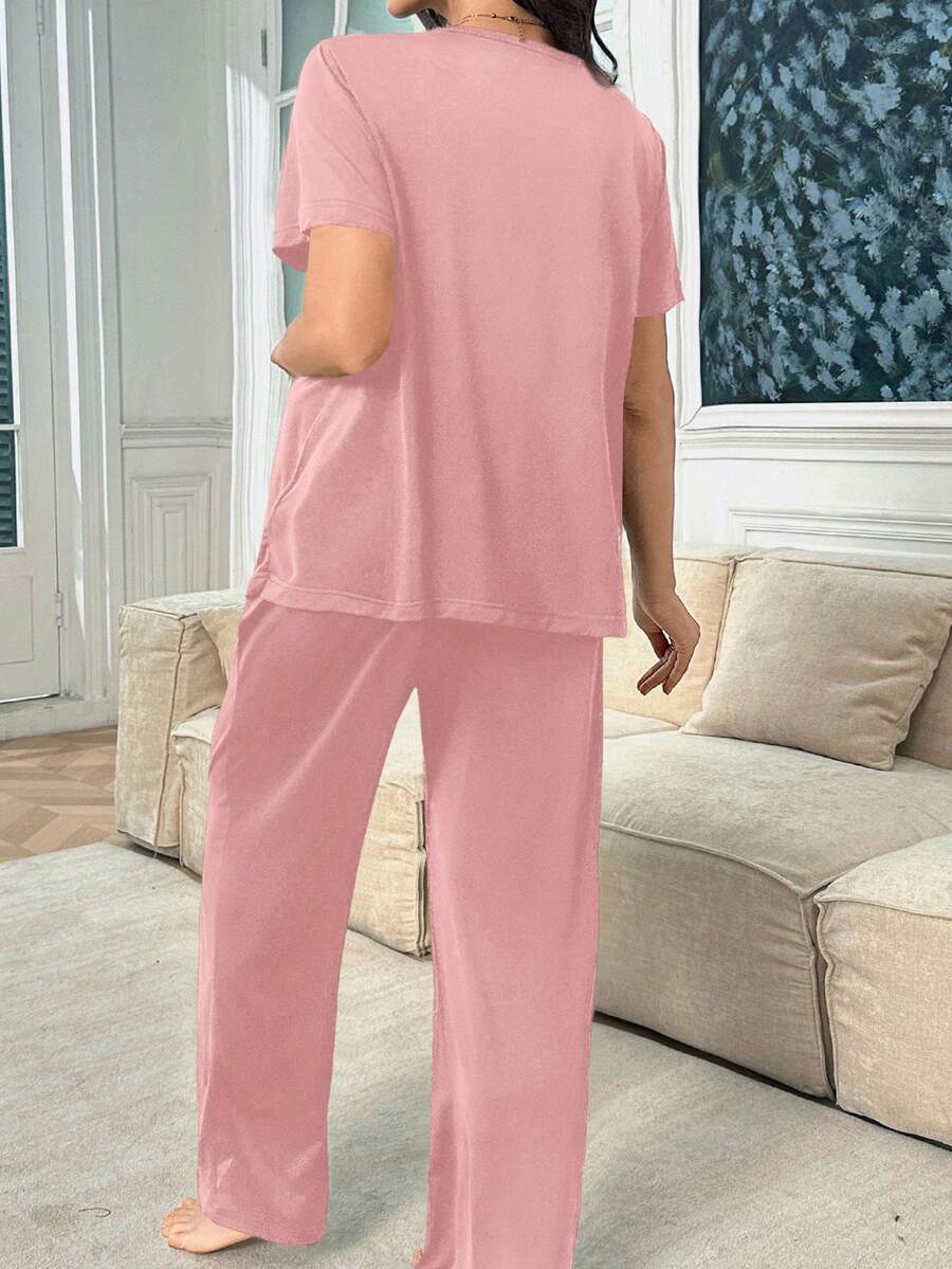 Maternity Nursing Pajama Set - Solid Color Milk Silk Heart Print Burgundy, Postpartum Lounge