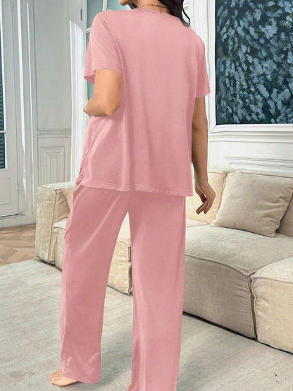 Maternity Nursing Pajama Set - Solid Color Milk Silk Heart Print Burgundy, Postpartum Lounge