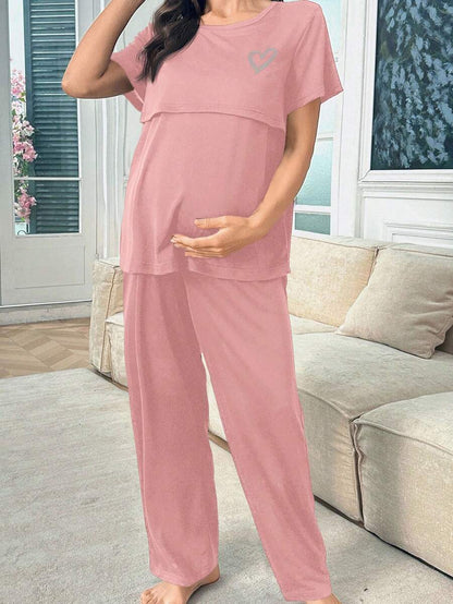 Maternity Heart Print Pajama Set Women Soft Milk Silk Sleepwear Loungewear