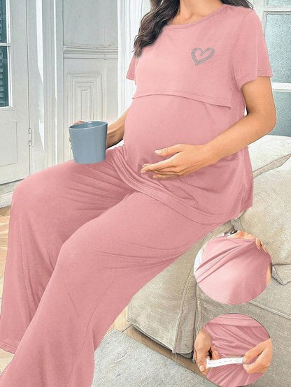 Maternity Heart Print Pajama Set Women Soft Milk Silk Sleepwear Loungewear