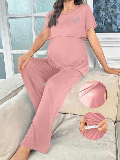 Maternity Heart Print Pajama Set Women Soft Milk Silk Sleepwear Loungewear