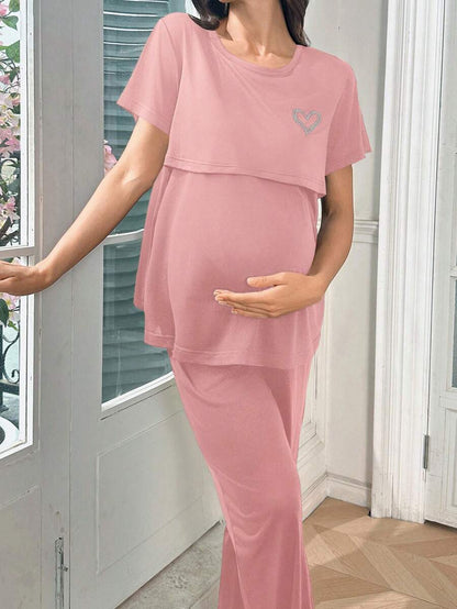 Maternity Nursing Pajama Set - Solid Color Milk Silk Heart Print Burgundy, Postpartum Lounge