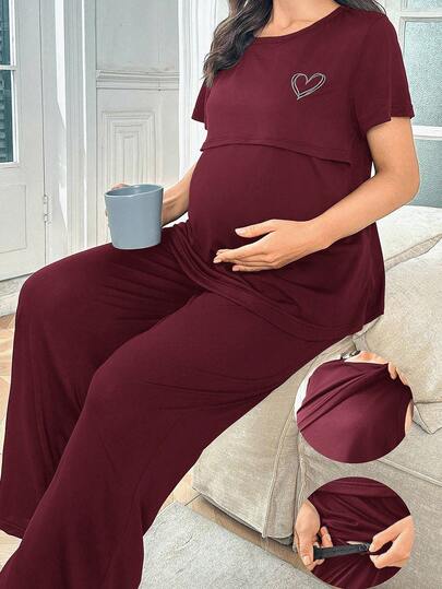 Maternity Nursing Pajama Set - Solid Color Milk Silk Heart Print Burgundy, Postpartum Lounge