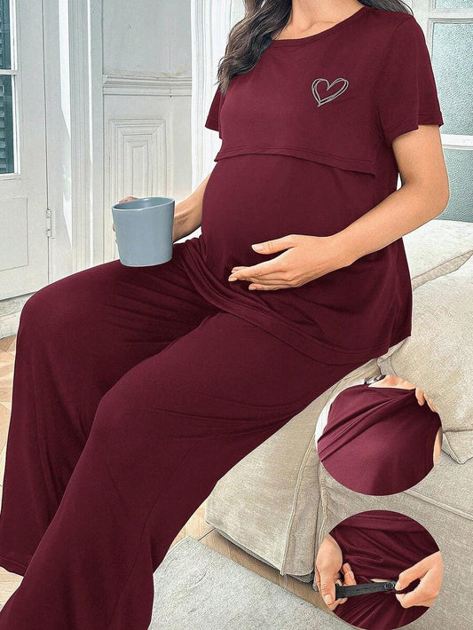 Maternity Nursing Pajama Set - Solid Color Milk Silk Heart Print Burgundy, Postpartum Lounge