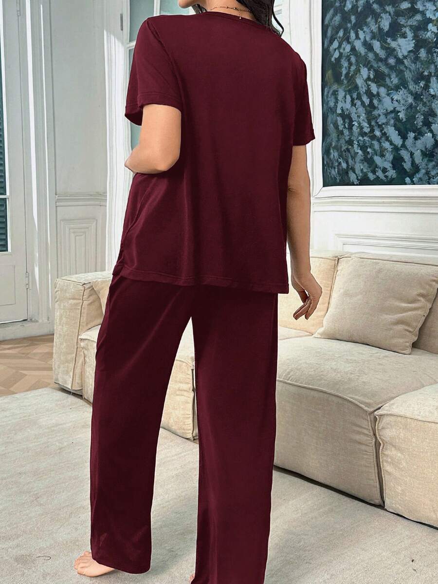 Maternity Nursing Pajama Set - Solid Color Milk Silk Heart Print Burgundy, Postpartum Lounge