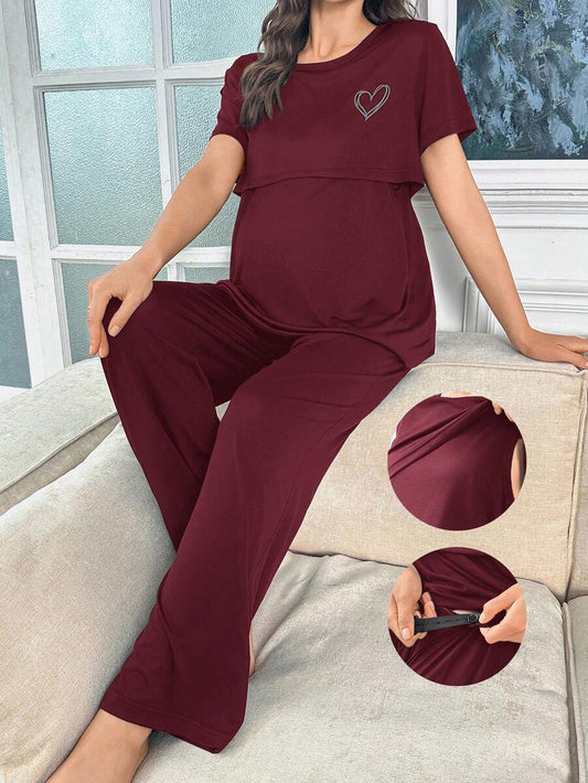Maternity Nursing Pajama Set - Solid Color Milk Silk Heart Print Burgundy, Postpartum Lounge