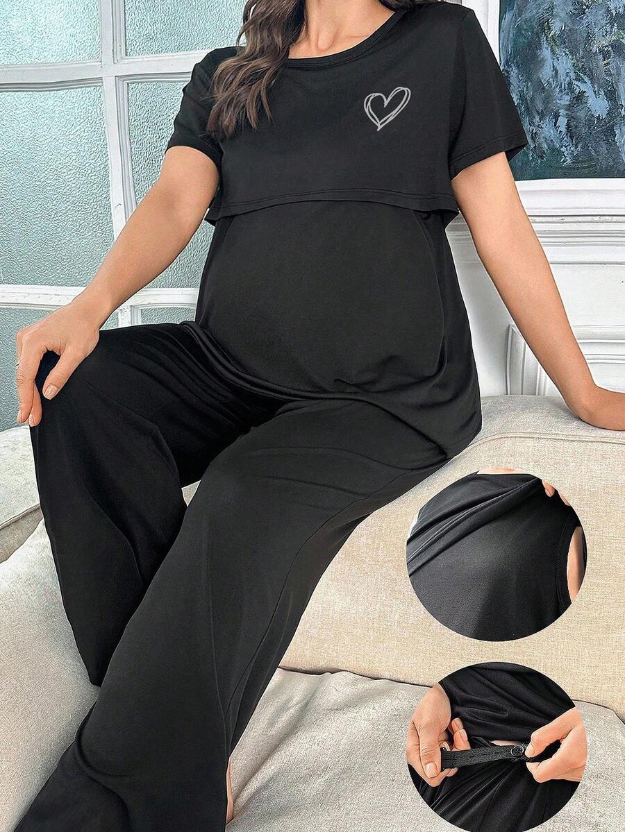 Maternity Heart Print Pajama Set Women Soft Milk Silk Sleepwear Loungewear