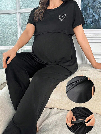 Maternity Heart Print Pajama Set Women Soft Milk Silk Sleepwear Loungewear