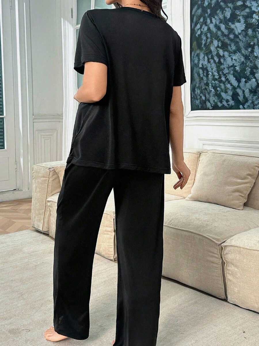 Maternity Heart Print Pajama Set Women Soft Milk Silk Sleepwear Loungewear