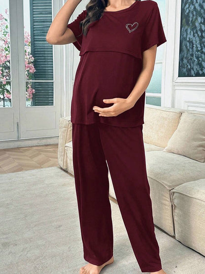 Maternity Nursing Pajama Set - Solid Color Milk Silk Heart Print Burgundy, Postpartum Lounge