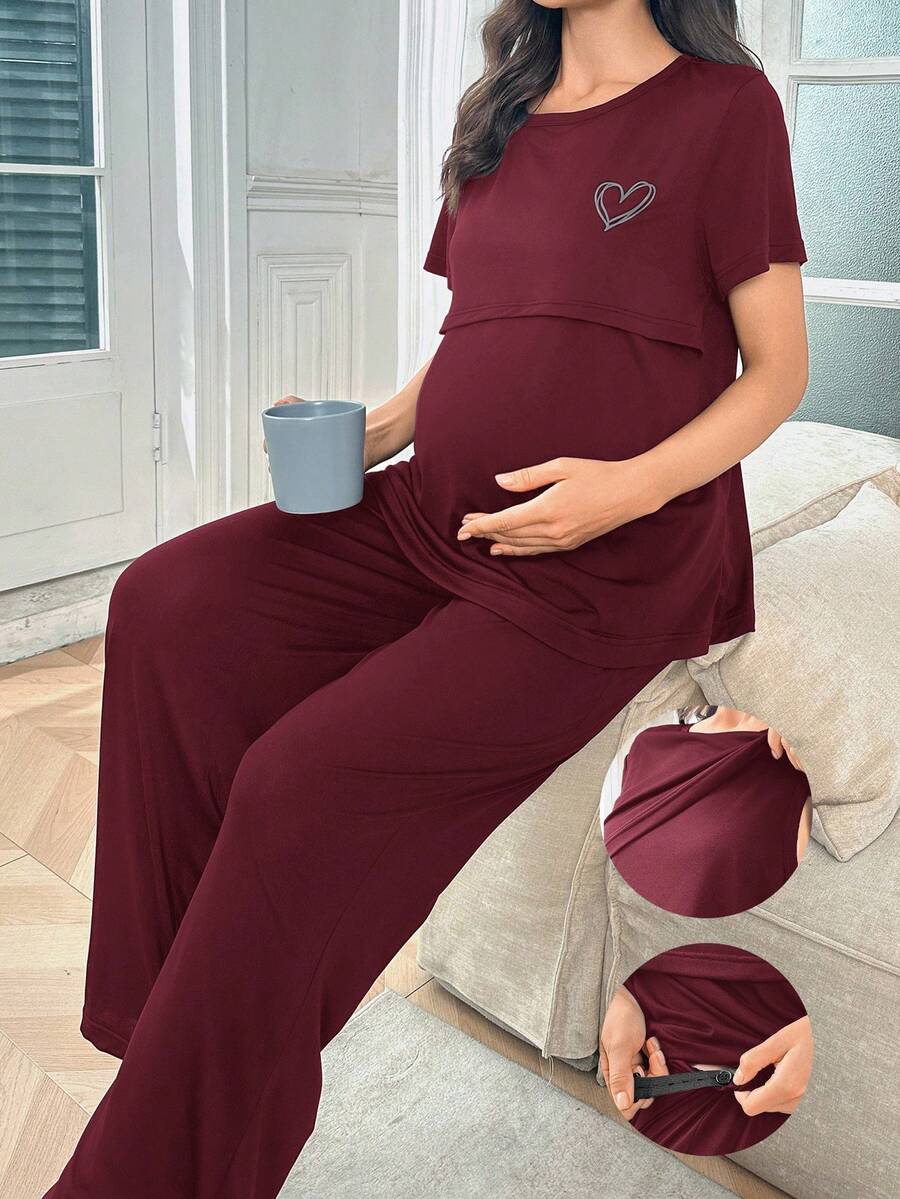 Maternity Nursing Pajama Set - Solid Color Milk Silk Heart Print Burgundy, Postpartum Lounge