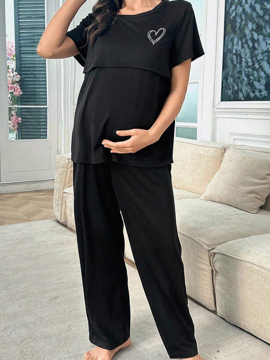Maternity Heart Print Pajama Set Women Soft Milk Silk Sleepwear Loungewear