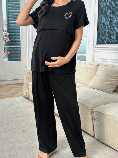 Maternity Heart Print Pajama Set Women Soft Milk Silk Sleepwear Loungewear