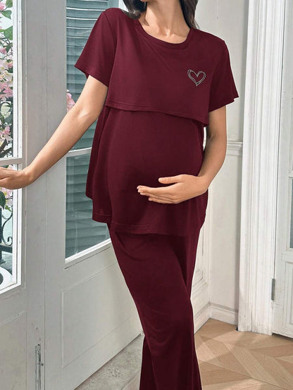 Maternity Nursing Pajama Set - Solid Color Milk Silk Heart Print Burgundy, Postpartum Lounge