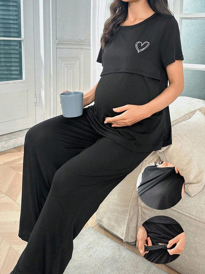 Maternity Nursing Pajama Set - Solid Color Milk Silk Heart Print Burgundy, Postpartum Lounge