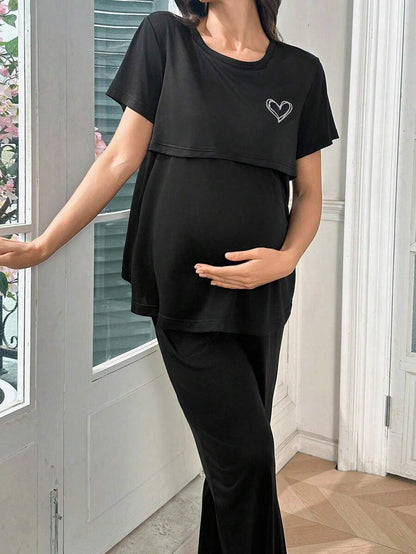 Maternity Nursing Pajama Set - Solid Color Milk Silk Heart Print Burgundy, Postpartum Lounge