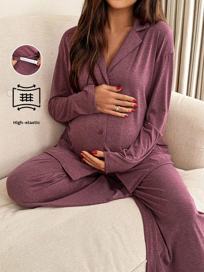 Khaki 2 Piece Maternity Loungewear Set - V-Neck Button Front Long Sleeve Top and Pants - Casual Loose Fit Maternity Sleepwear Suit