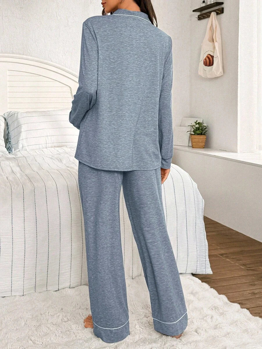 Moonlight and Mama Khaki Contrast Trim Maternity Pajama Set - Long Sleeve Lapel Collar Top and Pants 2 Piece Set - Casual Fall Winter Sleepwear