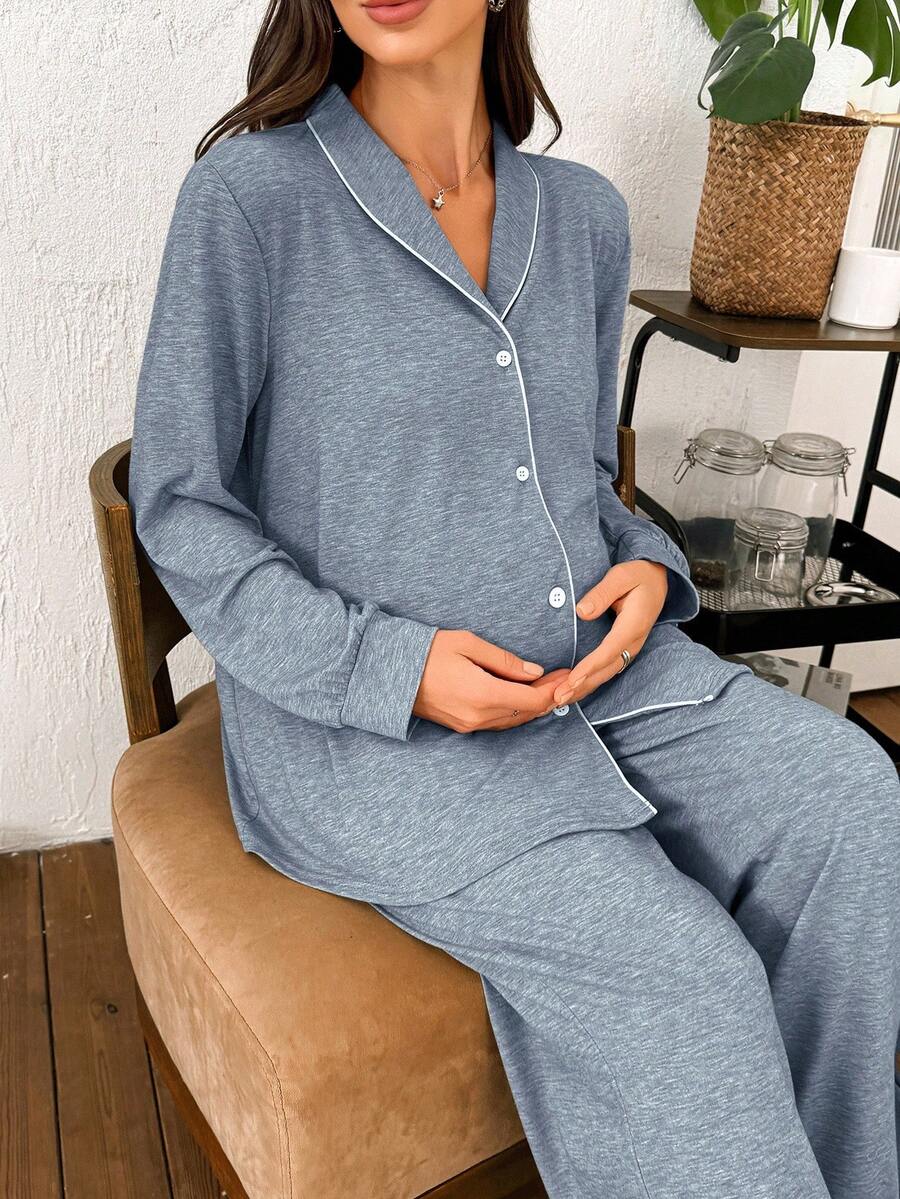 Moonlight and Mama Khaki Contrast Trim Maternity Pajama Set - Long Sleeve Lapel Collar Top and Pants 2 Piece Set - Casual Fall Winter Sleepwear