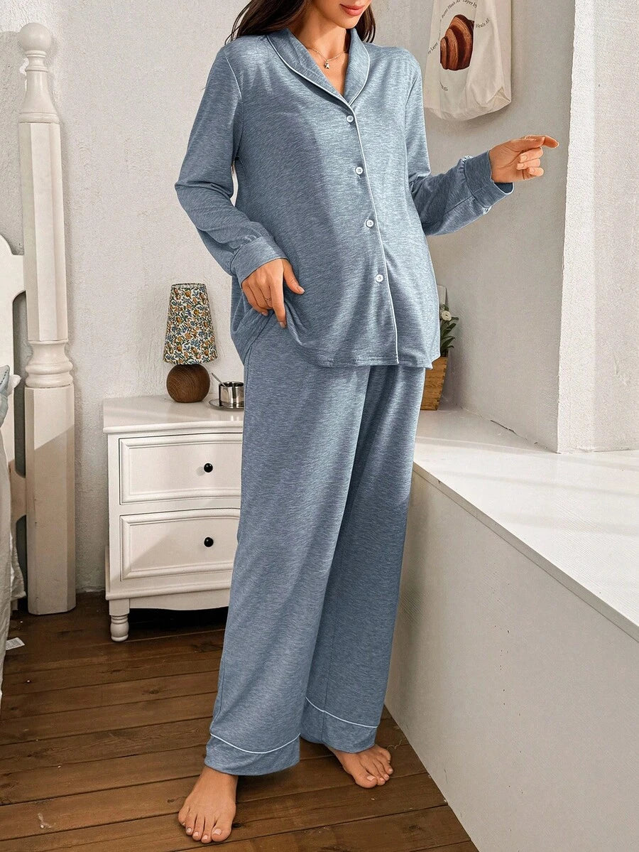 Moonlight and Mama Khaki Contrast Trim Maternity Pajama Set - Long Sleeve Lapel Collar Top and Pants 2 Piece Set - Casual Fall Winter Sleepwear