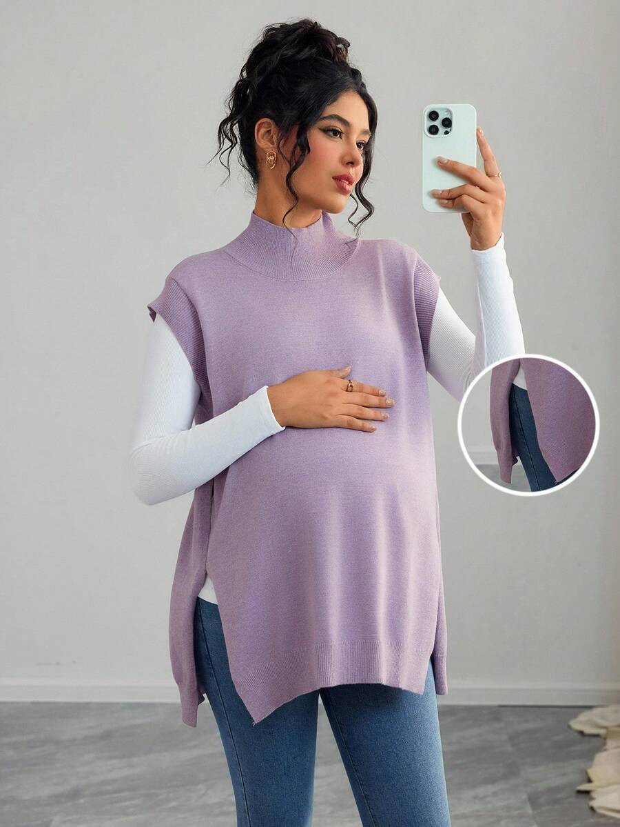 Women's Maternity Loose Knitted Sweater with Side Slit - Casual Autumn Pullover