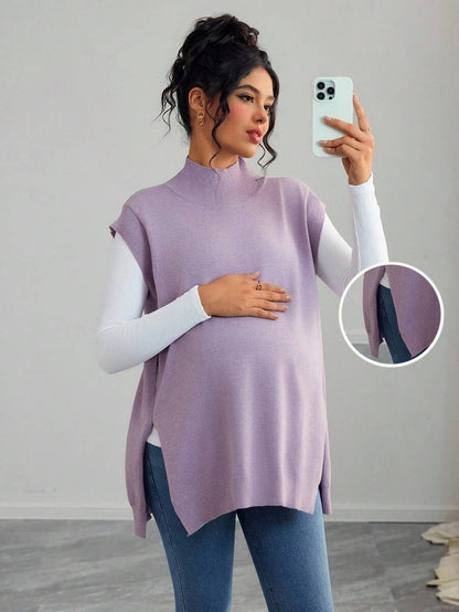 Women's Maternity Loose Knitted Sweater with Side Slit - Casual Autumn Pullover