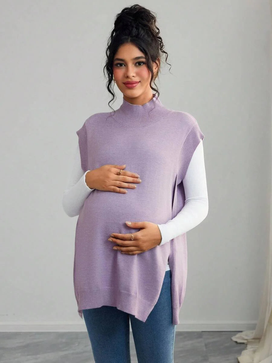 Women's Maternity Loose Knitted Sweater with Side Slit - Casual Autumn Pullover